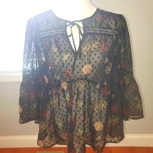 NWT Lucky Brand Swiss Dot Floral Black Bell Sleeve Blouse Sz M